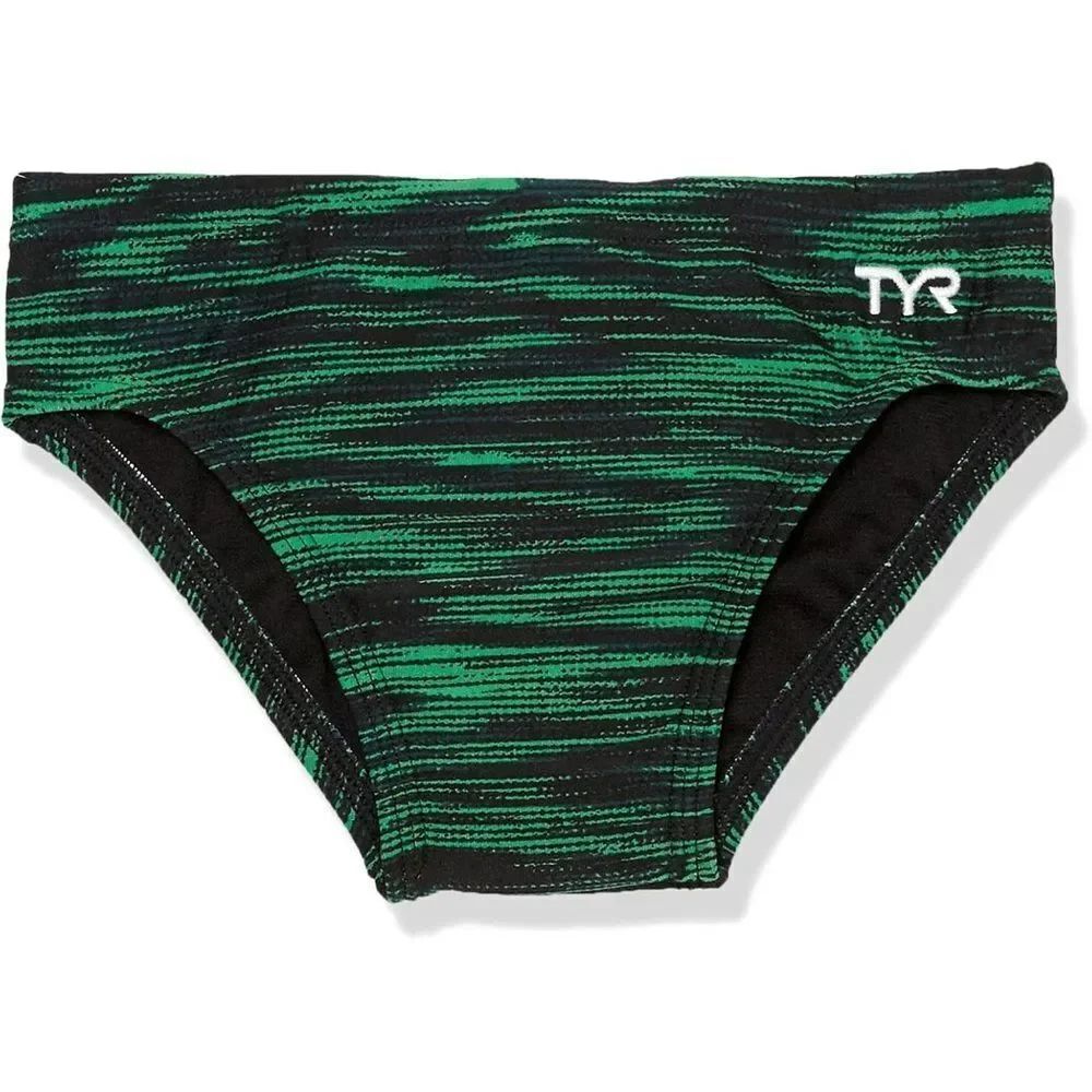 New TYR Boys' Durafast Elite Racer Brief Swimsuit Black Green Fizzy Print 24 / 8
